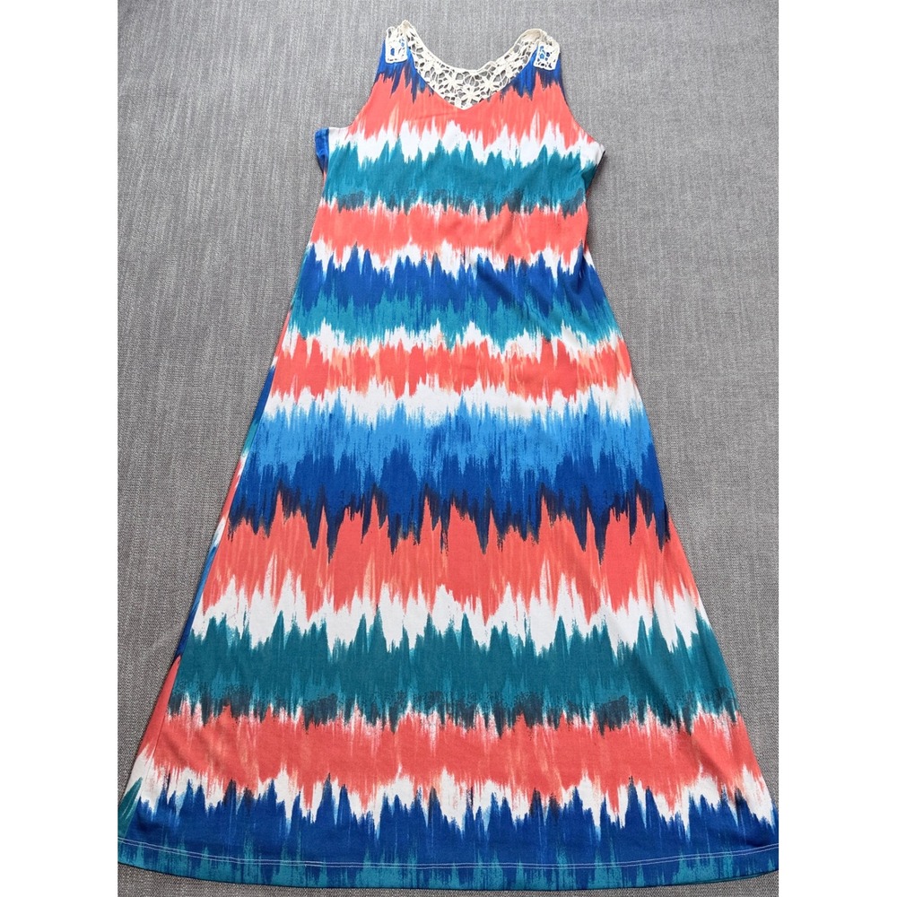 Rare Editions Womens Size 16 Zigzag Ikat Maxi Dress Crochet Lace Racerback Blue